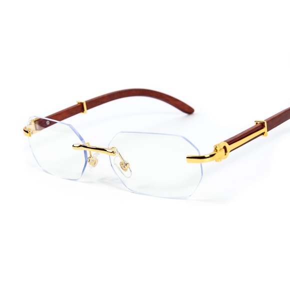 Men's Gold Frame Rimless Geometric Clear Lens Hip Hop Fashion Woodgrain Glasses - Picture 3 of 5
